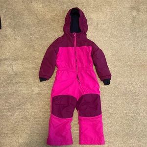 Land’s End one piece snow suit. Perfect for the snow and very warm!